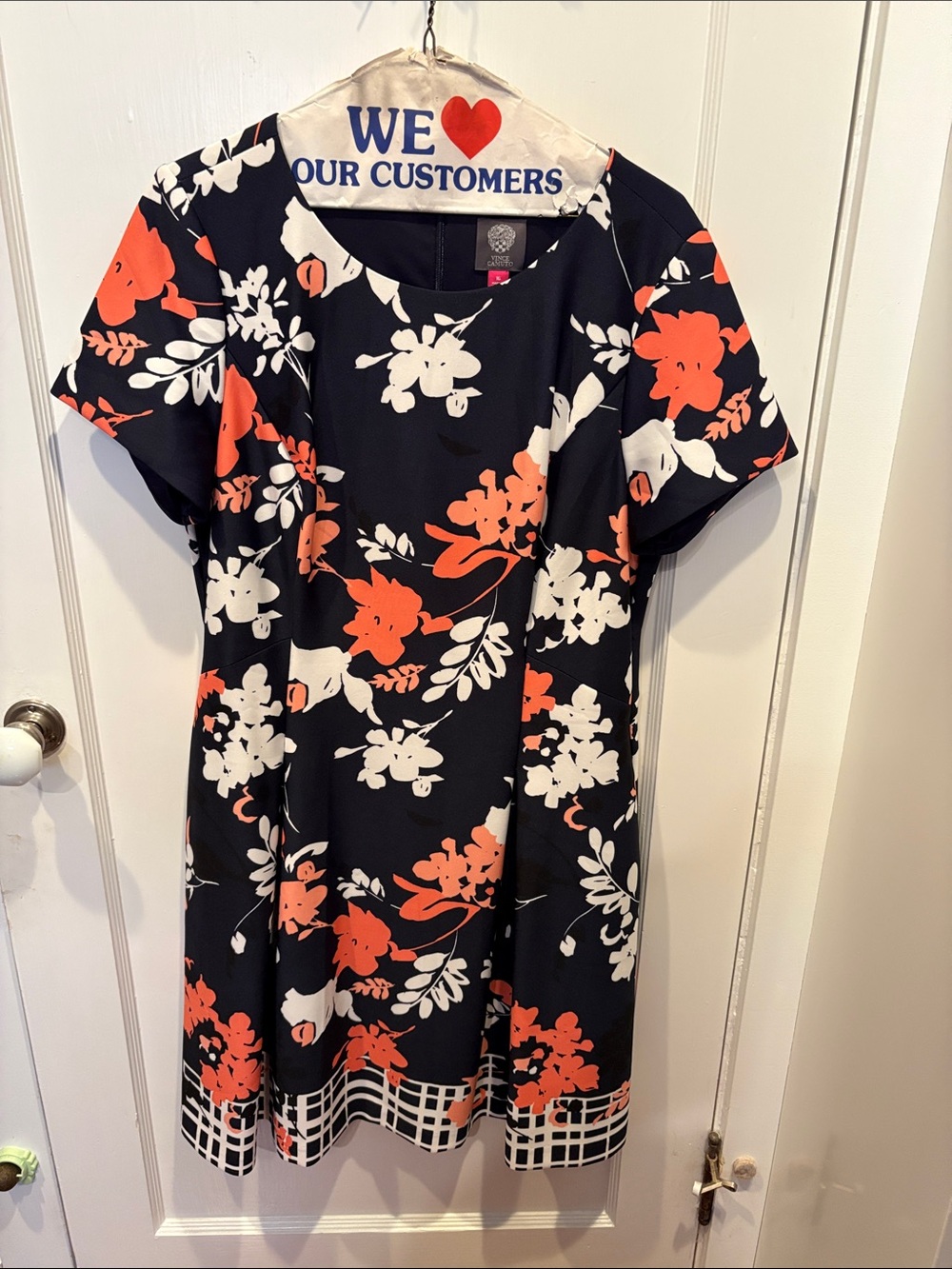 Vince Camuto Black Midi Dress with Coral and White Floral Print BN530